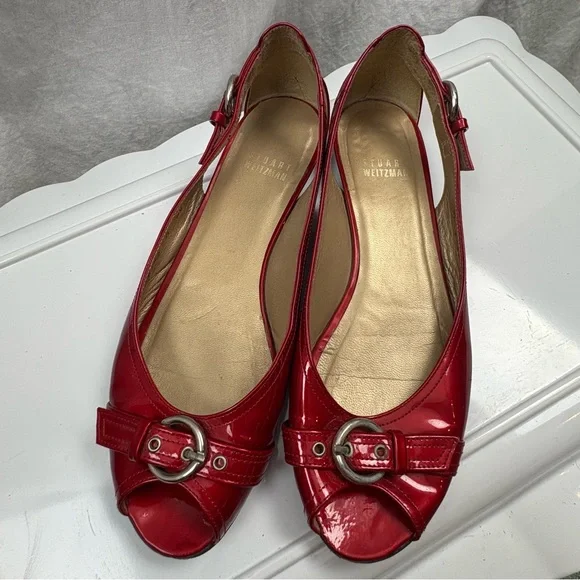 STUART WEITZMAN Chitchat Peep Toe Women’s 7.5 Red Patent Leather Flats - Picture 2 of 10